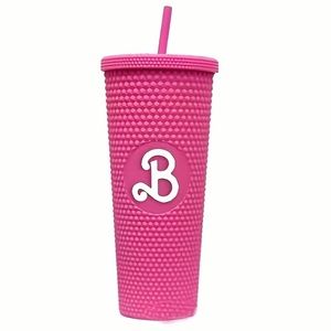 Barbie Hot Pink Insulated Tumbler 24oz Cup With Lid & Straw B Letter Movie NEW